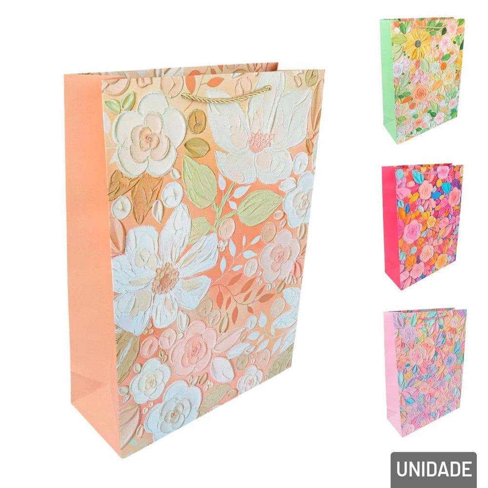 Sacola de Papel 41,5x30cm Flores Glitter - Tudo em Caixa