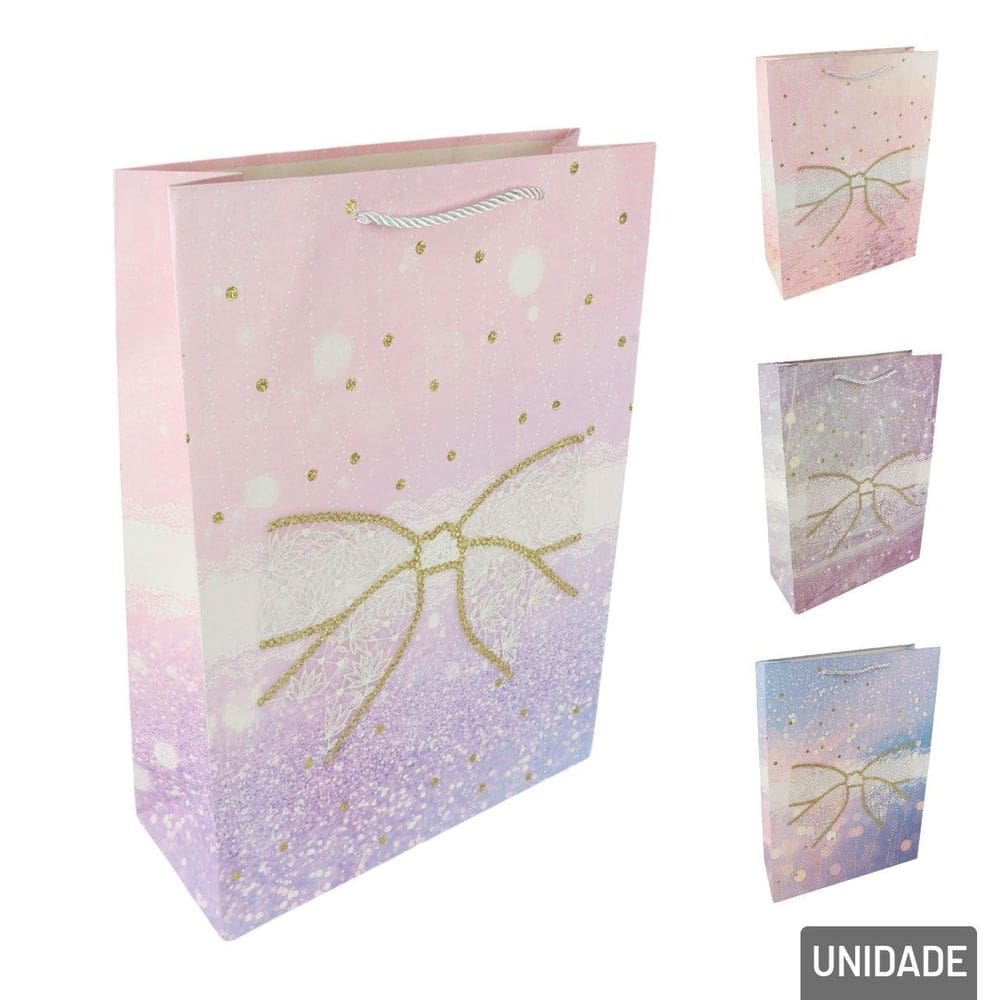 Sacola de Papel 41,5x30cm Laço com Glitter Color - Tudo em Caixa