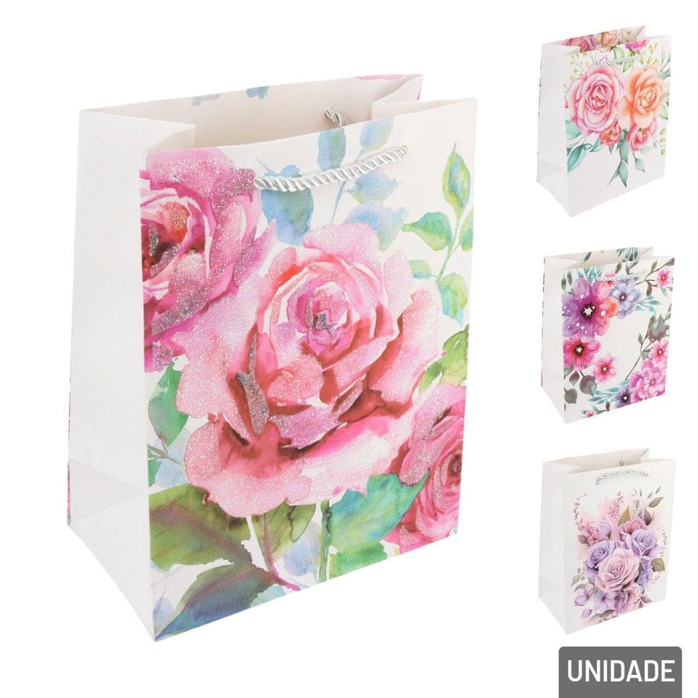Sacola de Papel 23x18 Flores Glitter - Tudo em Caixa