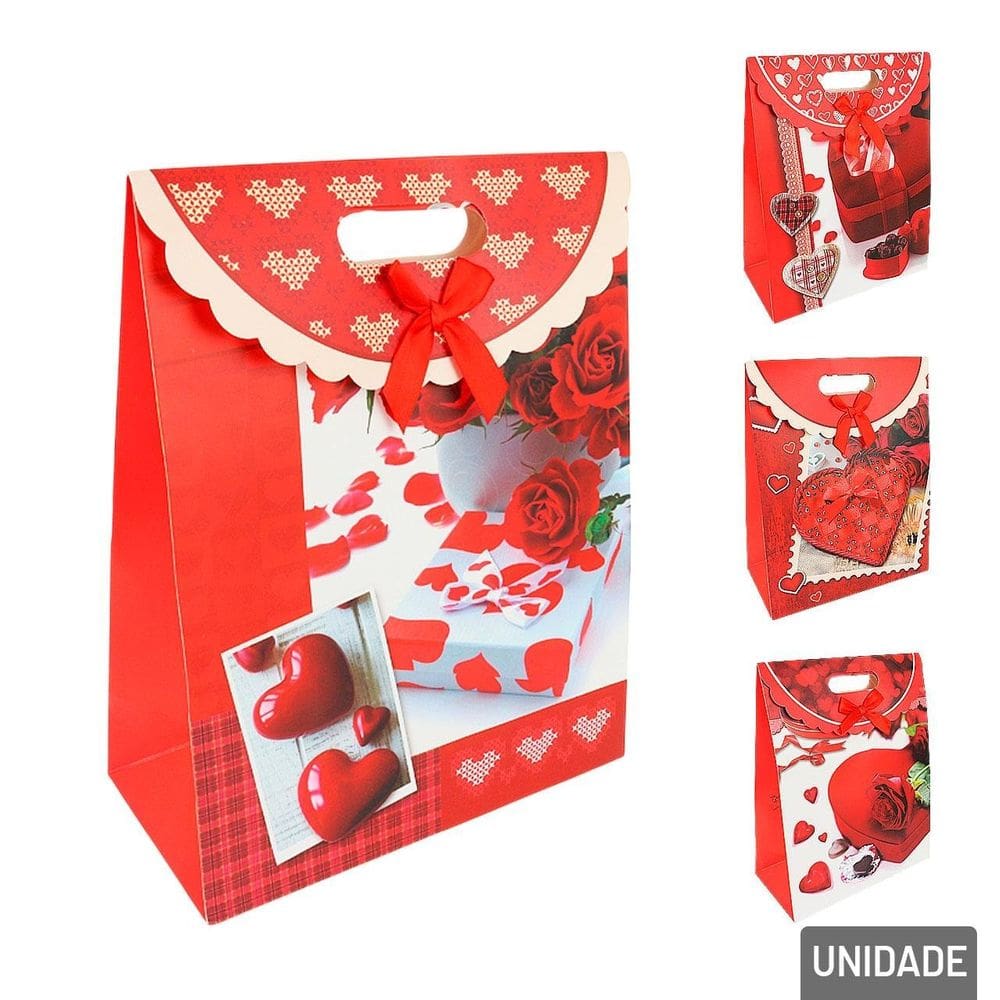 Sacola de Papel 32x25cm Corações com Laço - Tudo em Caixa