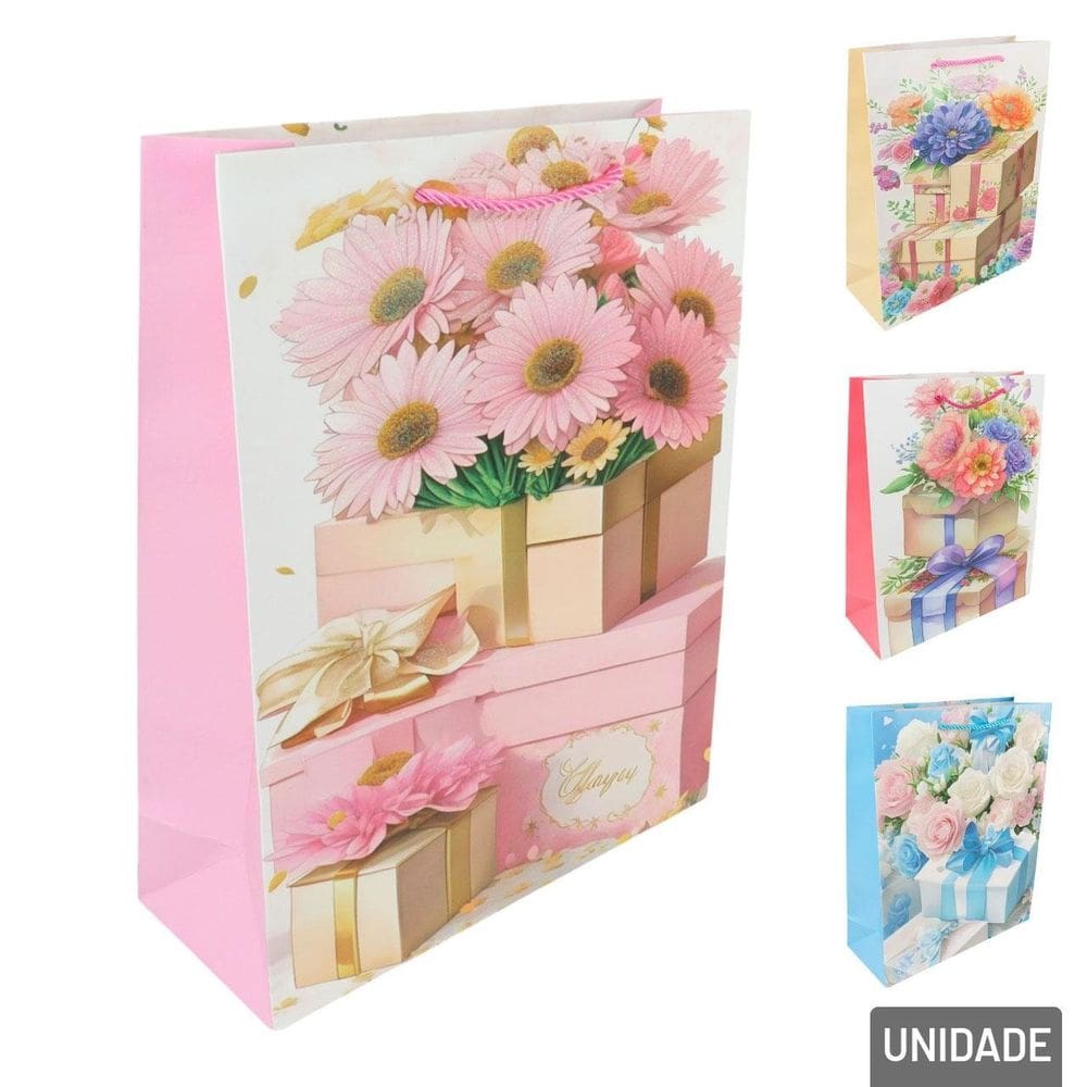 Sacola de Papel 32x26cm Flores Glitter  - Tudo em Caixa