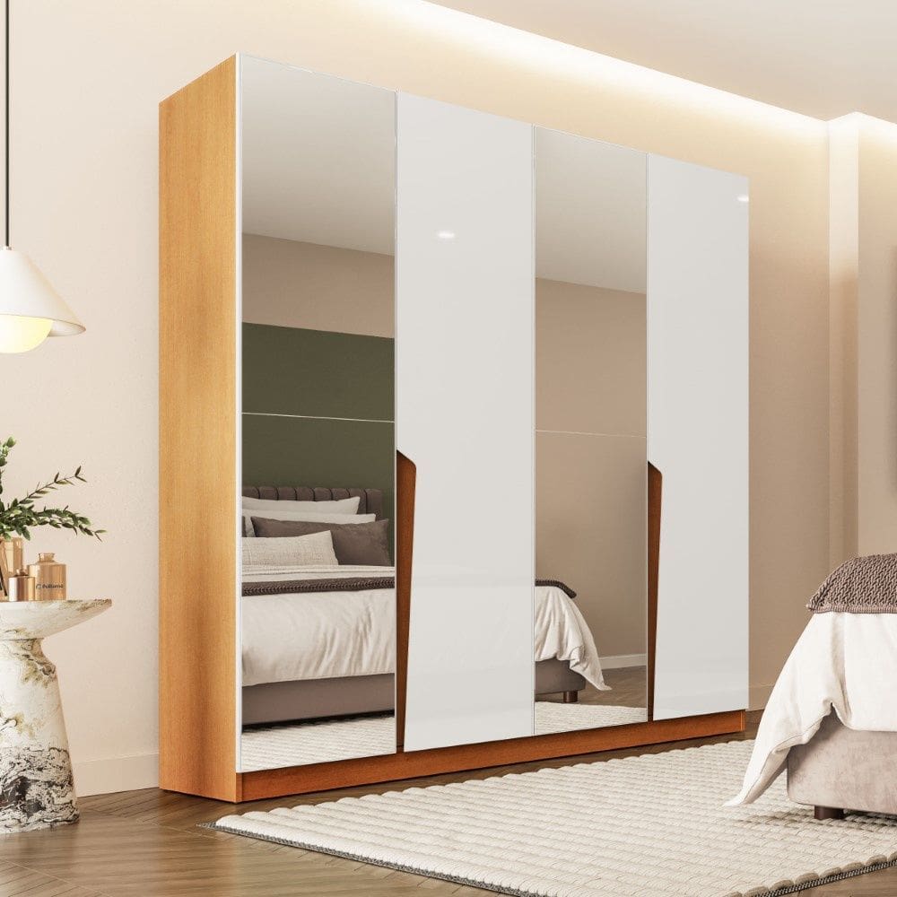 Guarda Roupa Roupeiro 4 Portas 4 Gavetas com Espelho Porto Freijó Branco Politorno Móveis