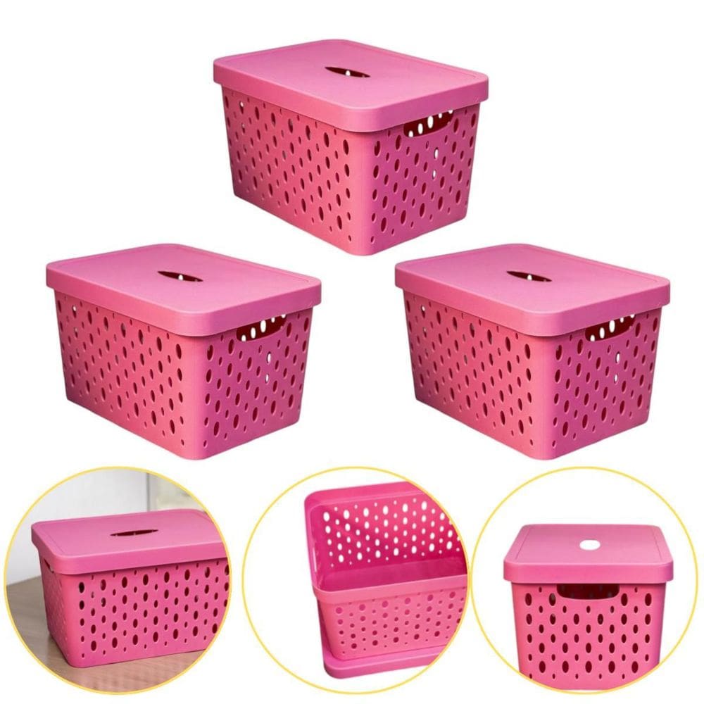 Kit 3 Caixa Cesto Organizador Multiuso Empilhável 17 L Rosa
