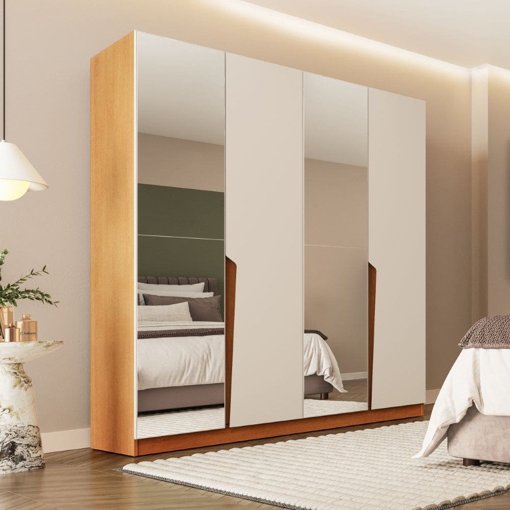 Guarda Roupa Roupeiro 4 Portas 4 Gavetas com Espelho Porto Freijó Creme Politorno Móveis