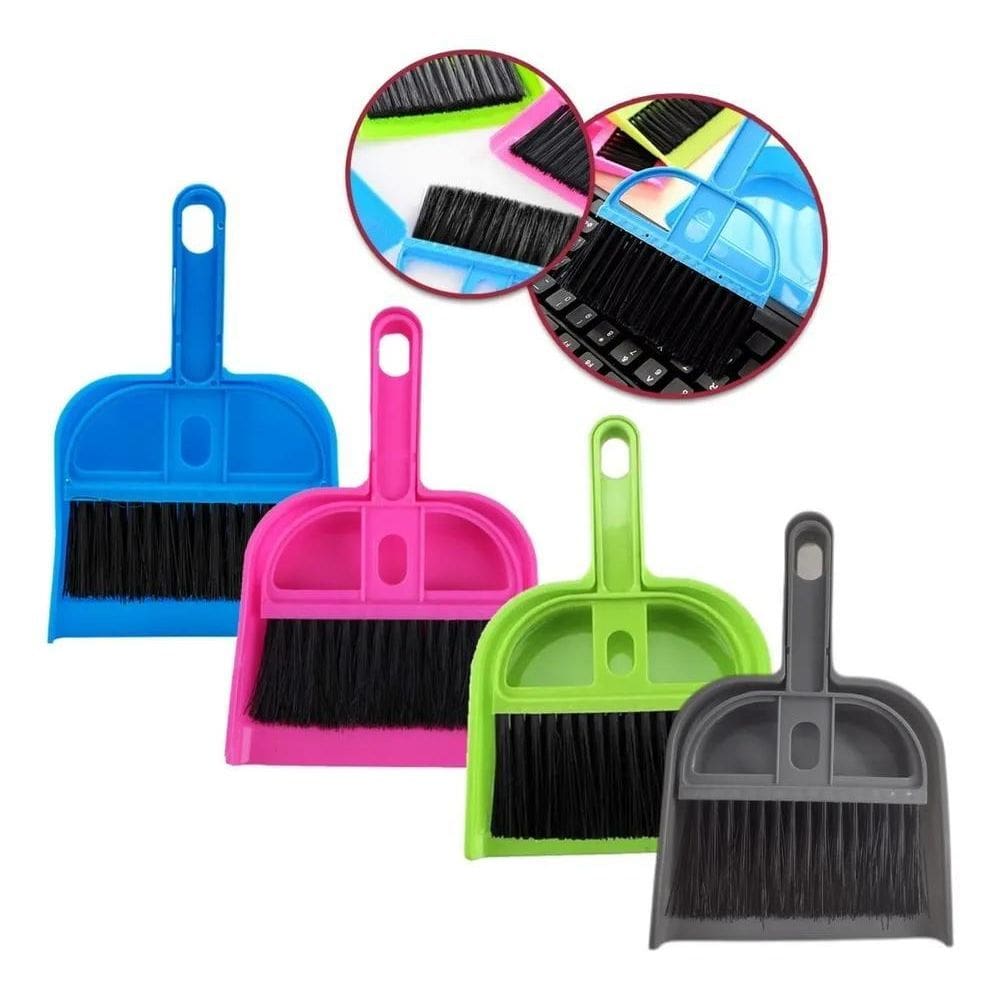 3X Kit Mini Vassoura E Pá Para Mesas Armários Limpeza Color