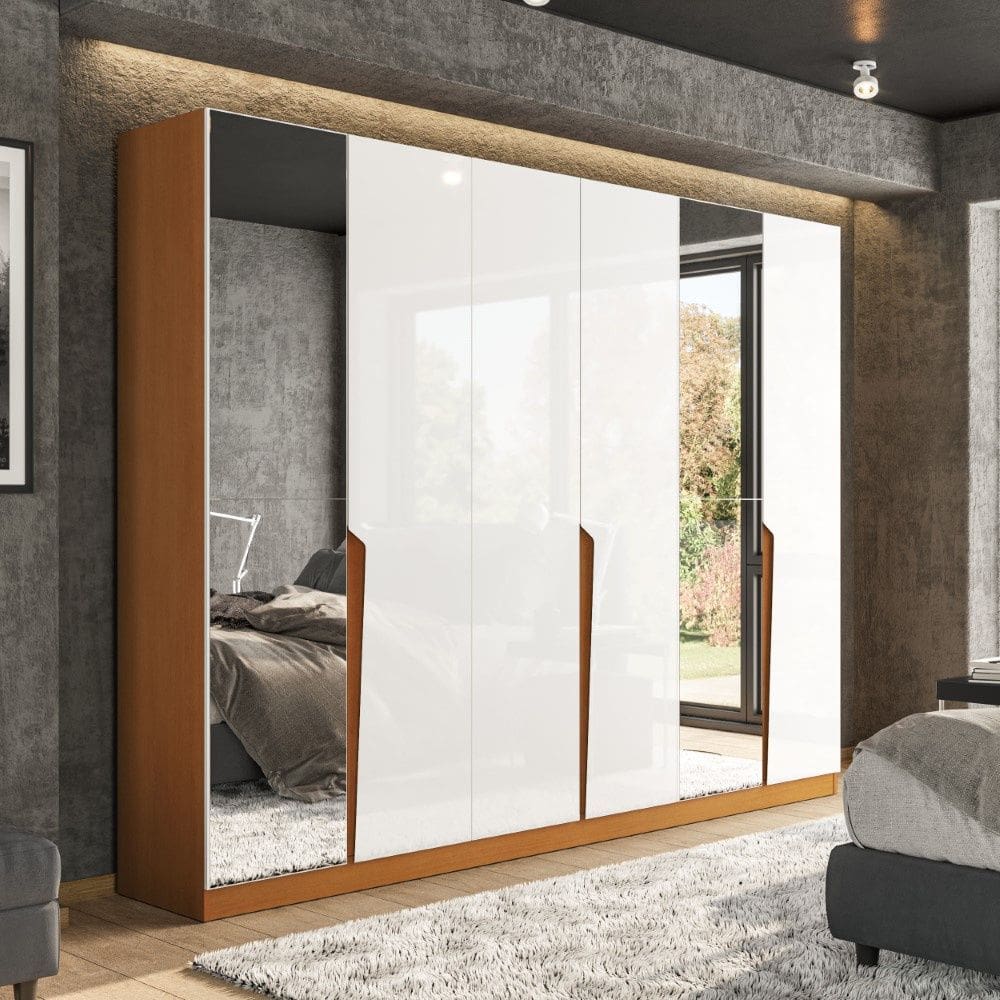 Guarda Roupa Roupeiro 6 Portas 4 Gavetas com Espelho Porto Freijó Branco Politorno Móveis