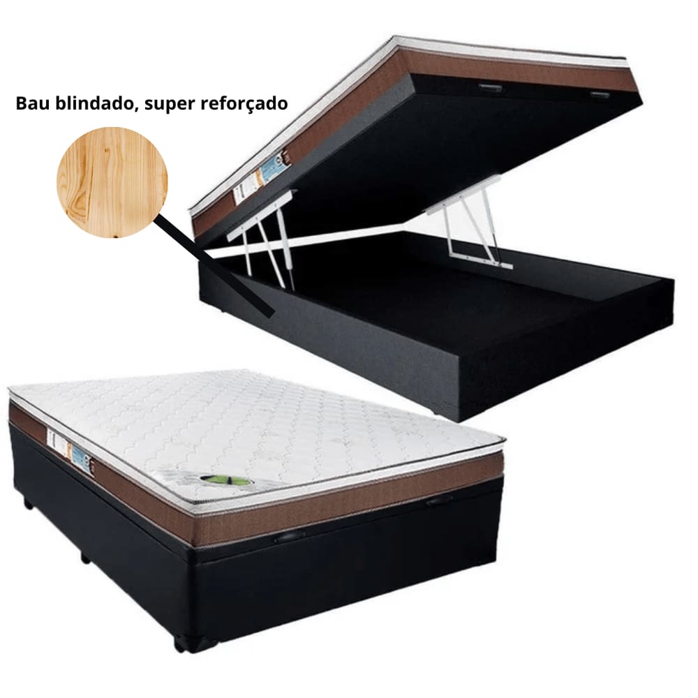 Conjunto Cama Box Bau Preto Casal Blindada + Colchão de Molas Ensacadas Caribe 138x188x66 - Luckspuma