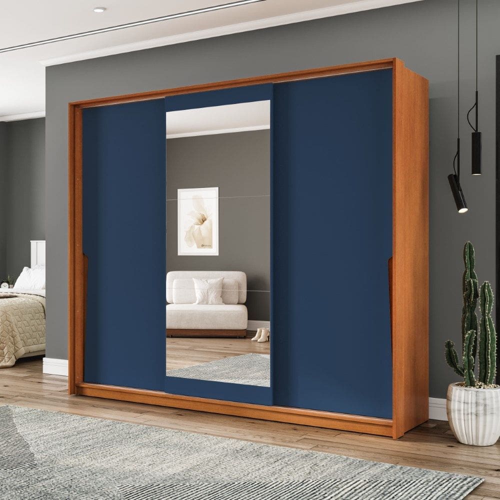 Guarda Roupa Roupeiro 3 Portas de Correr 4 Gavetas com Espelho Porto Freijó Azul Politorno Móveis