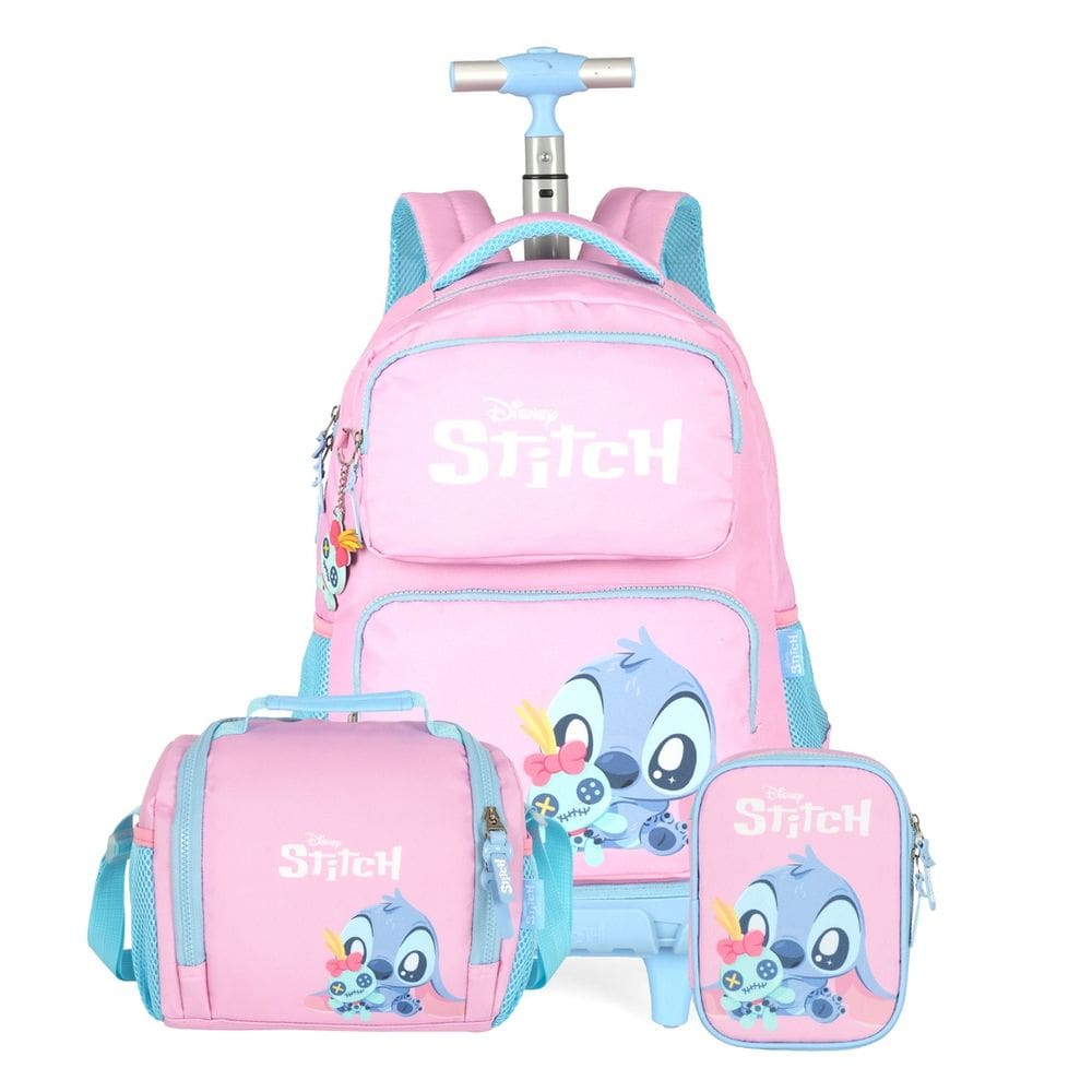 Mochila Stitch Rodas Disney Lancheira Térmica Estojo Box