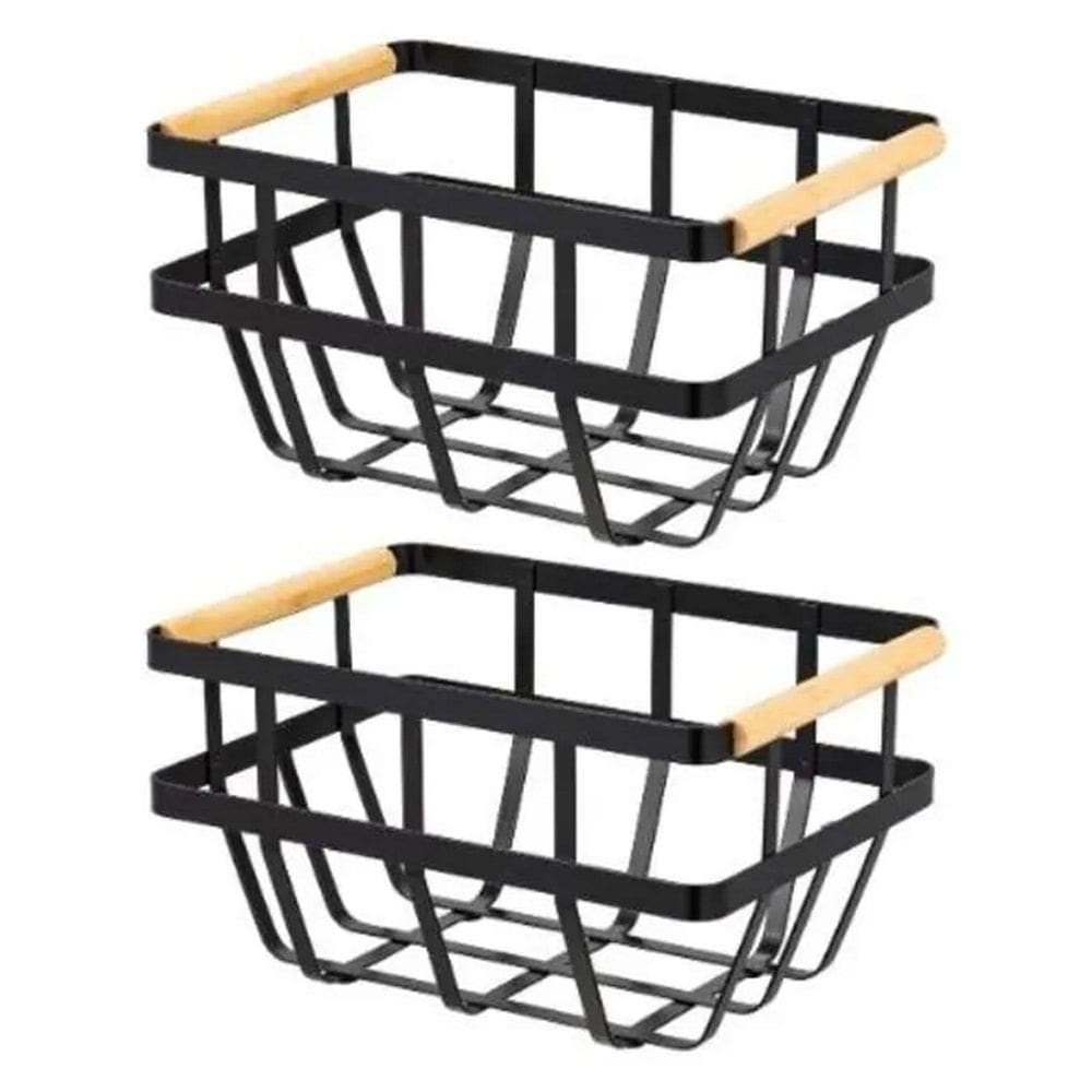 Kit 2 Cesto De Metal Com Alca De Bambu 29X20X15Cm Preto
