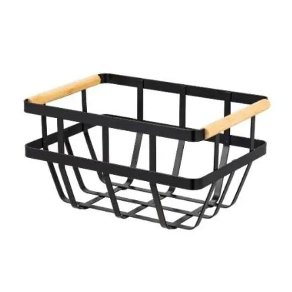 Cesto De Metal Com Alca De Bambu 29X20X15Cm Multiuso Preto