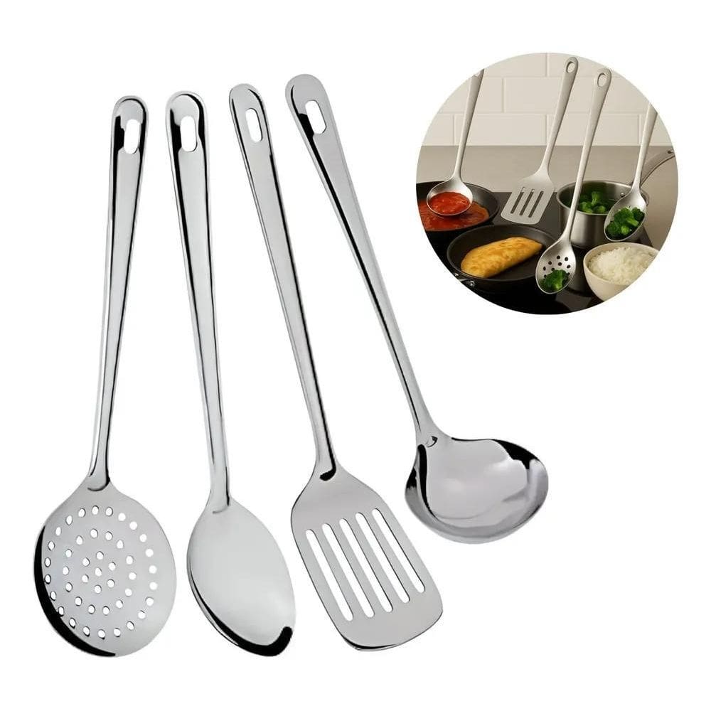 2X Aço Inox Cozinha 4 Peças Espatula, Colher Concha Escumade
