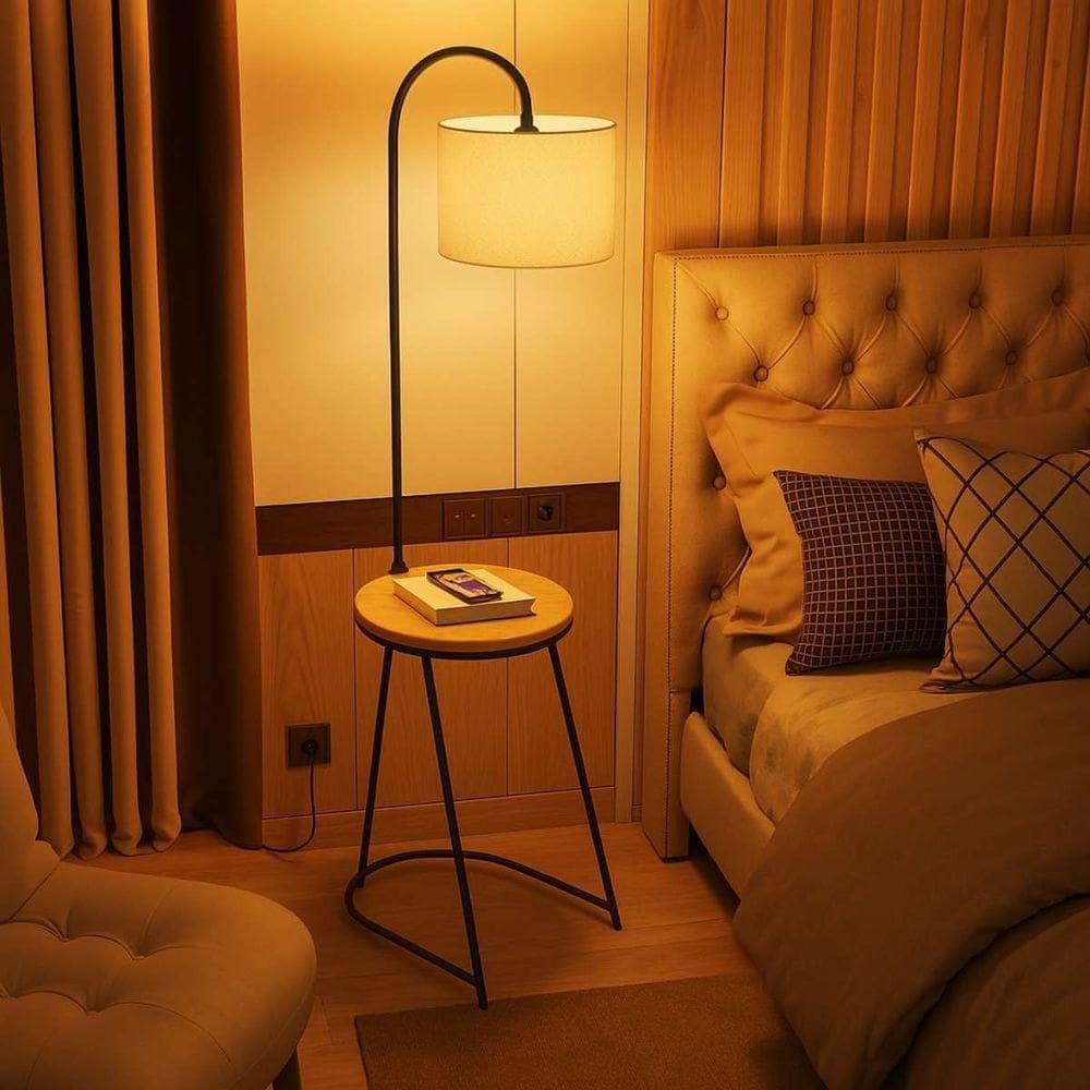 Luminária Abajur De Chão Mesa De Cabeceira Lateral Tampo Madeira Cúpula De Linho