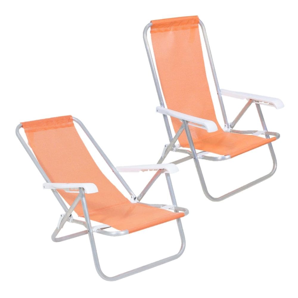 Kit 2 Cadeiras de Praia Reclinável 4 Posições Alumínio Lazy Sannet Laranja - 023011 Belfix