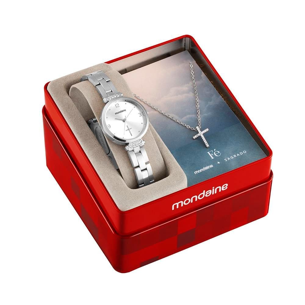 Relogio Mondaine Feminino Ref: 32964l0mkne2 Prateado Cruz + Semijoia