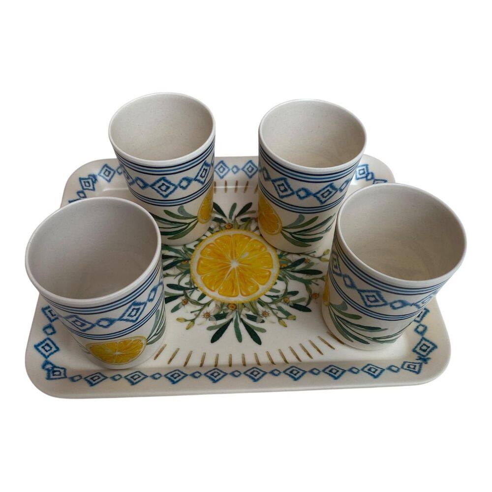 Bandeja 30X23 Cm E 4 Copos Mod Limao Siciliano Fibra Bambu