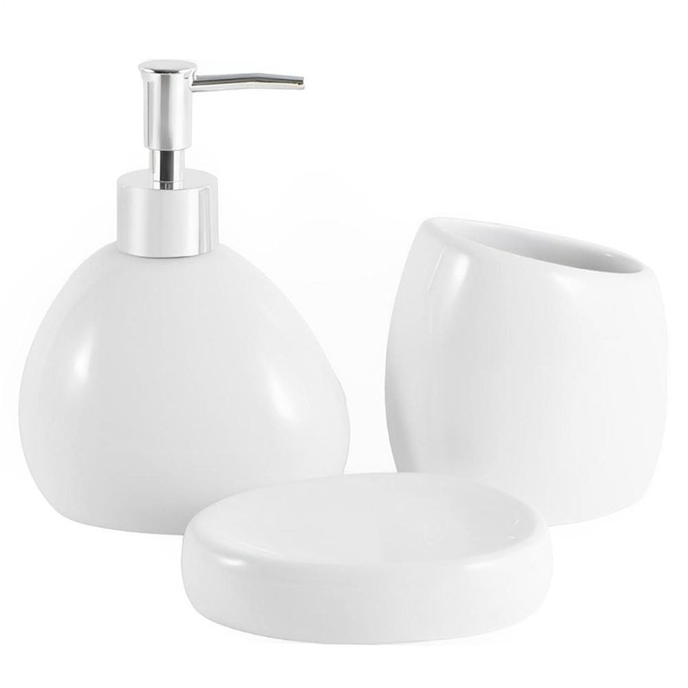 Kit Banheiro Lavabo Cerâmica Serene Acessórios Branco 3 Pçs