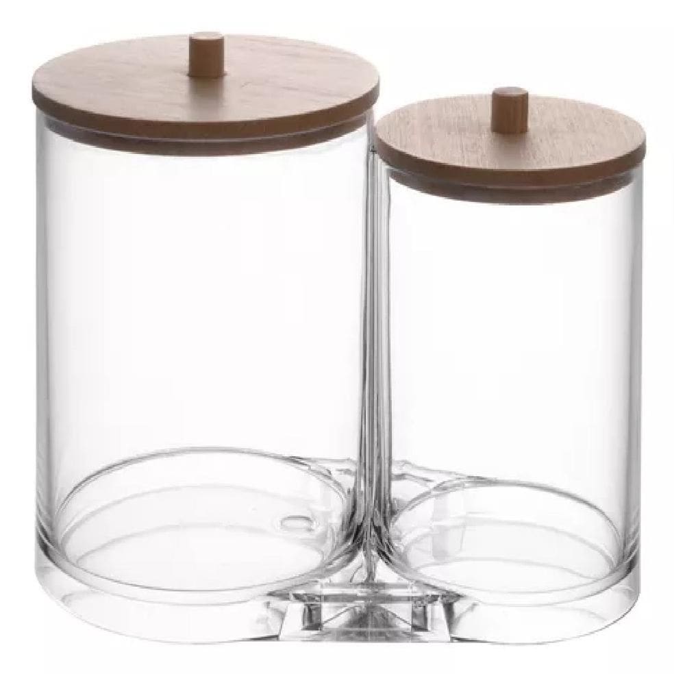 Porta Algodão Disco Cotonete De Acrílico Com Tampa De Bambu