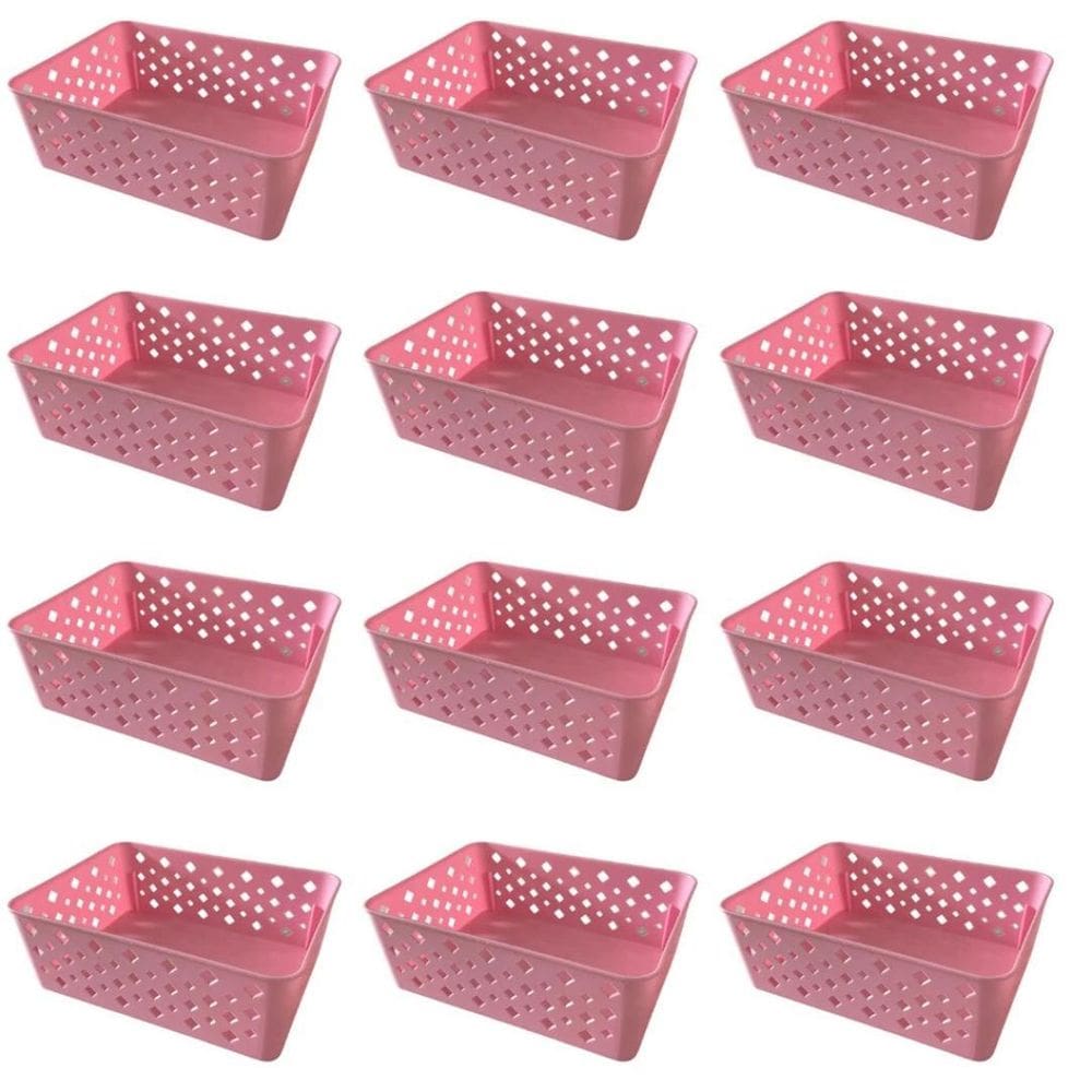Kit 12 Cestos Organizadores Rosa Multiuso Médio Empilhável