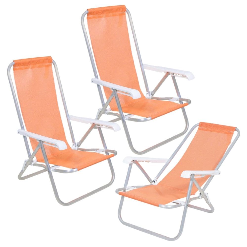 Kit 3 Cadeiras de Praia Reclinável 4 Posições Alumínio Lazy Sannet Laranja - 023011 Belfix