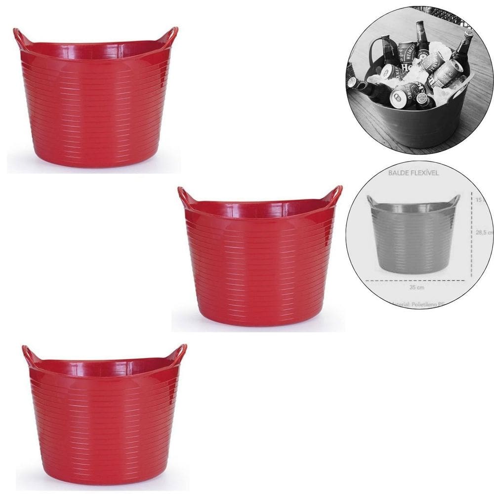 Kit 3 Cestos Balde Flexível C/Alça 15L Vermelho- Fersil