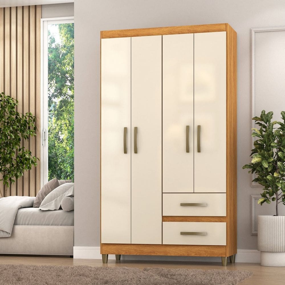 Roupeiro Lisboa 4 Portas 2 Gavetas 99x180x40cm Cinamomo/Off White