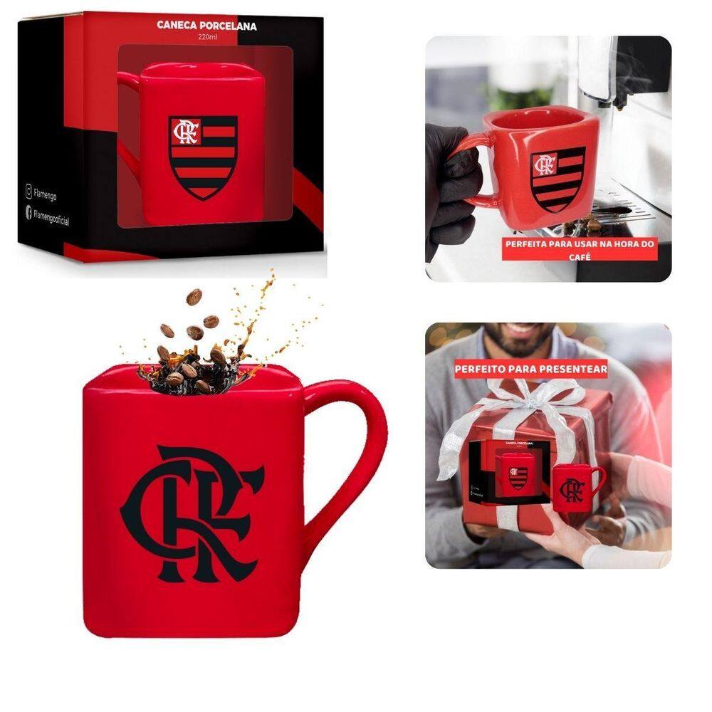 Caneca Porcelana Premium Xícara Vermelha Quadrada 220Ml Café