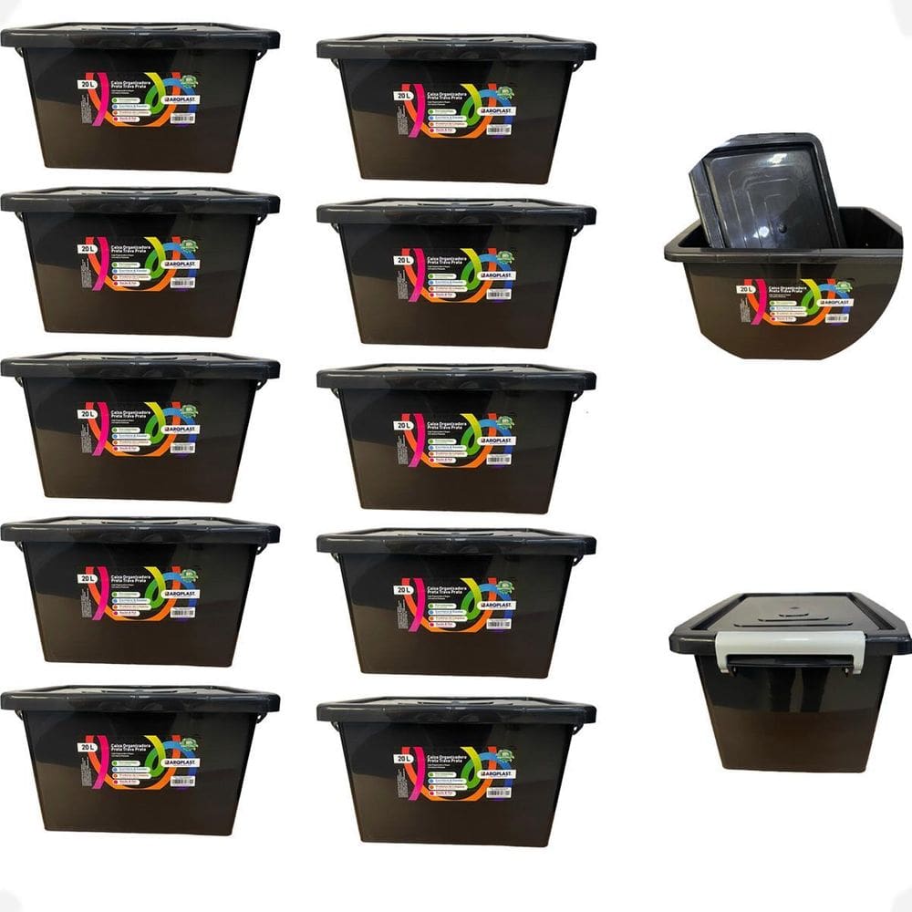 10 Caixa Organizadora Multiuso Preta Com Trava Prata 20 Lts