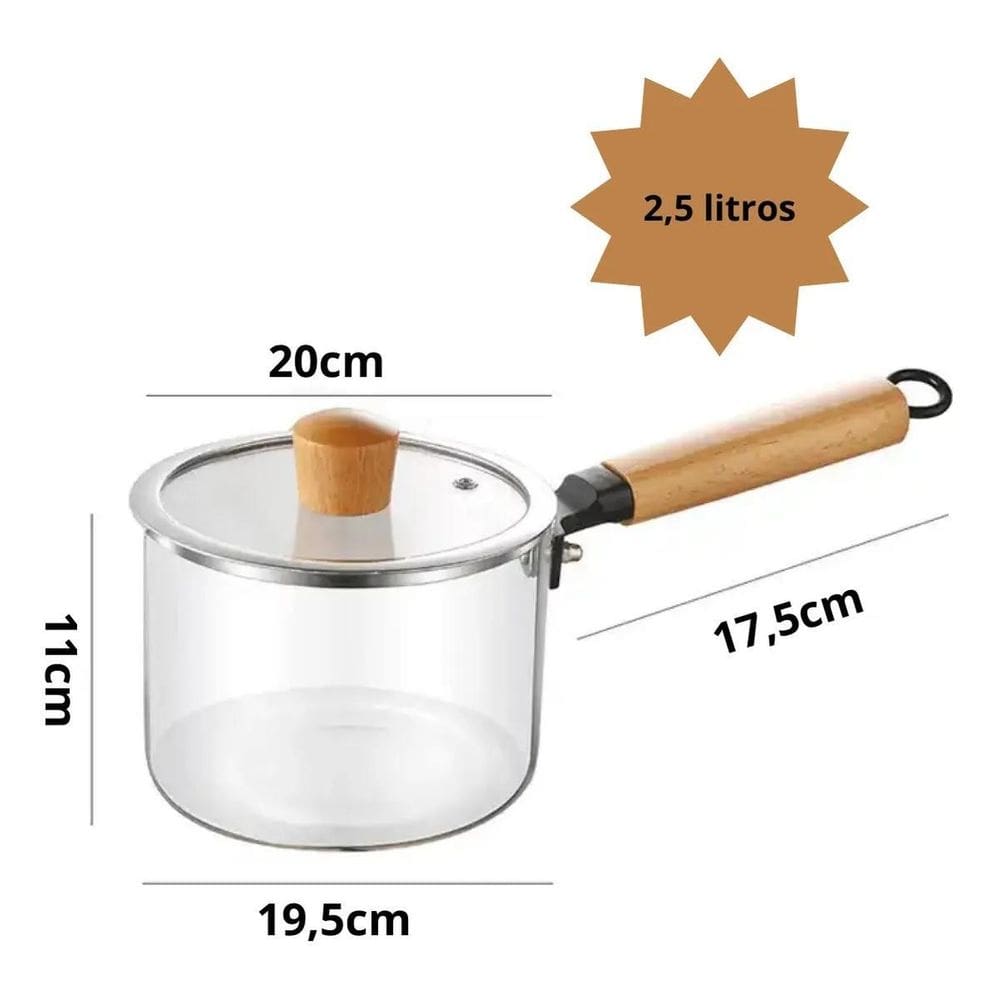 Panela De Vidro Com Tampa 2,5L Cabo Madeira Vai Ao Fogo Água