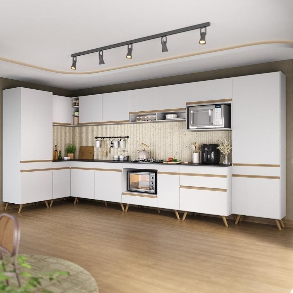 Armário De Cozinha Modulada Completa Canto 409cm Com Balcão Veneza Multimóveis Mp2303 Branco-dourado