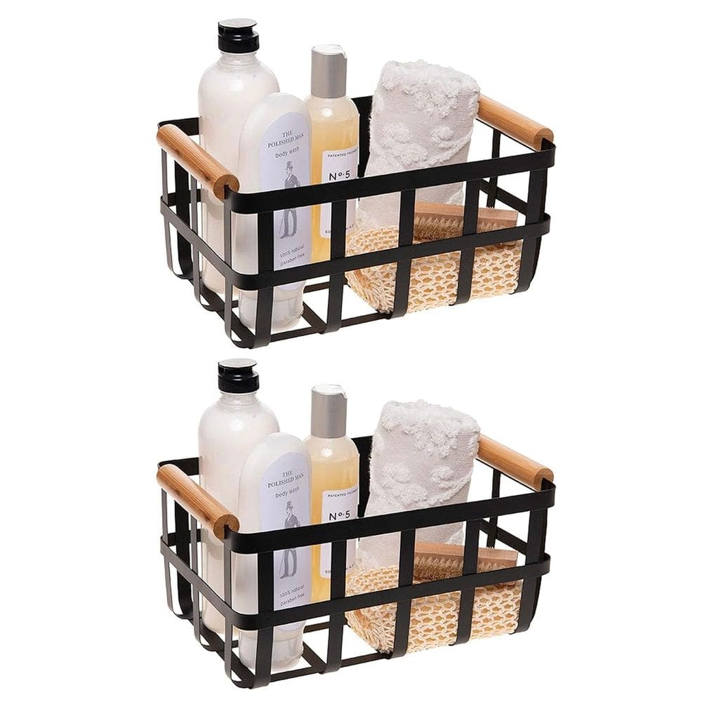 Kit 2 Cesto De Metal Alca De Bambu 25X16X15Cm Preto