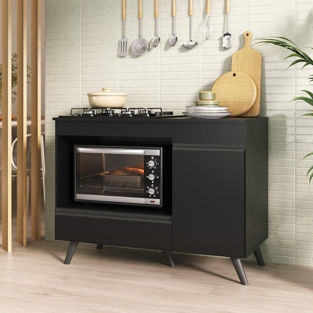 Balcão Para Cooktop E Forno 105cm 1 Porta 1 Gaveta Veneza Multimóveis Mp2258 - Preto