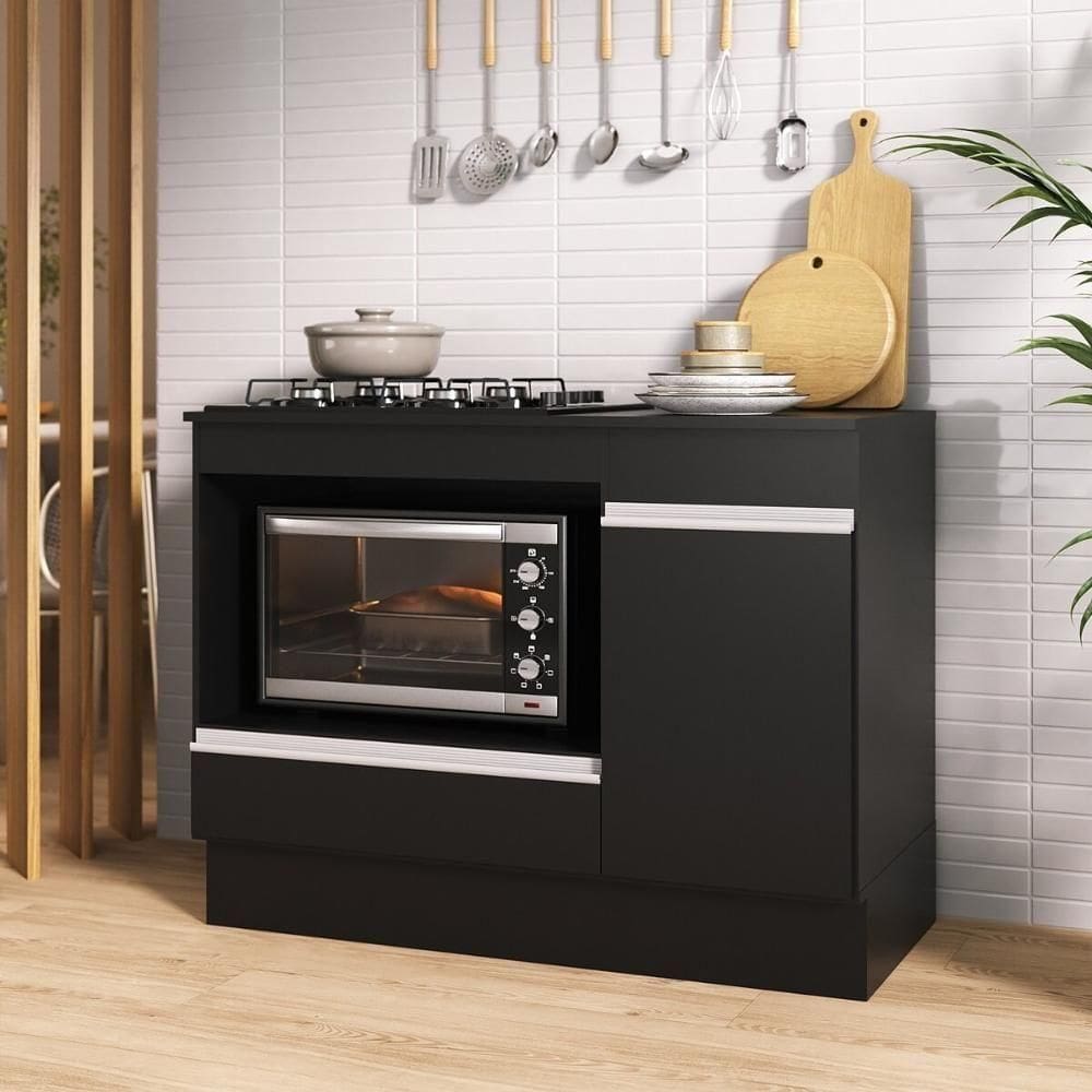 Balcão Cozinha Para Cooktop E Forno 105cm Com Rodapé Veneza Multimóveis Mp2295 Preto/branco