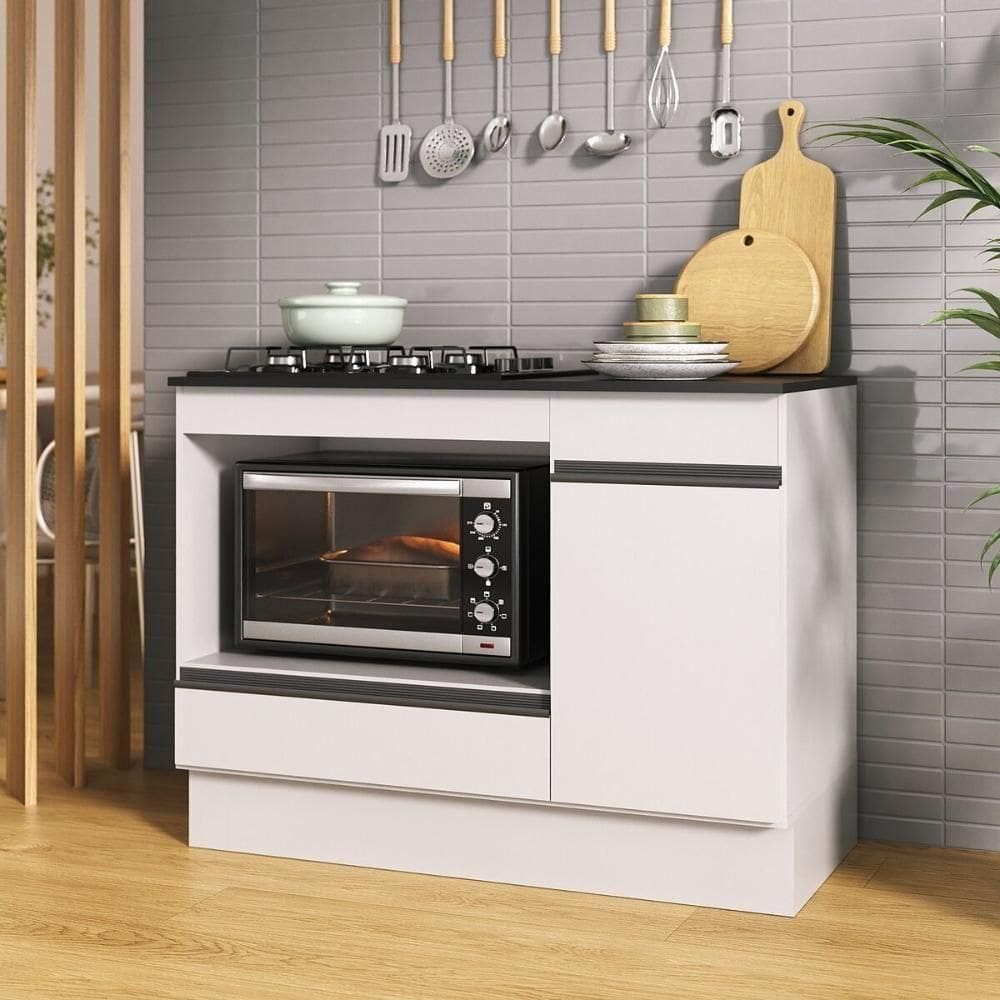 Balcão Cozinha Para Cooktop E Forno 105cm Com Rodapé Veneza Multimóveis Mp2295 Branco/preto