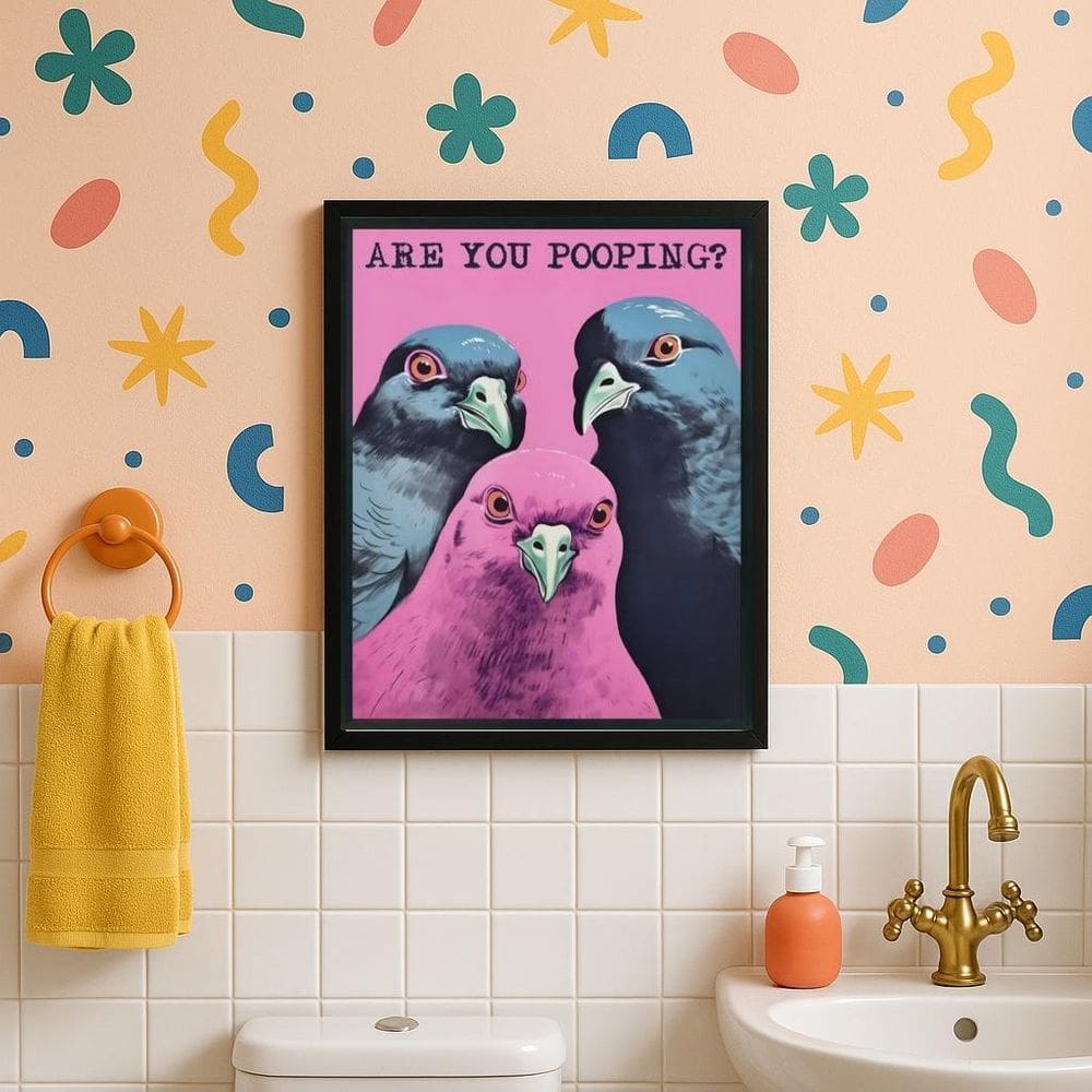 Quadro Divertido Para Banheiro Pombos Pooping 33X24Cm