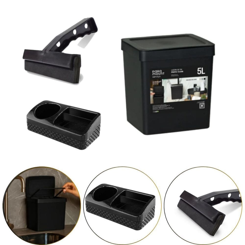 Kit Cozinha Com Porta Detergente, Rodinho E Lixeira 5 Litros