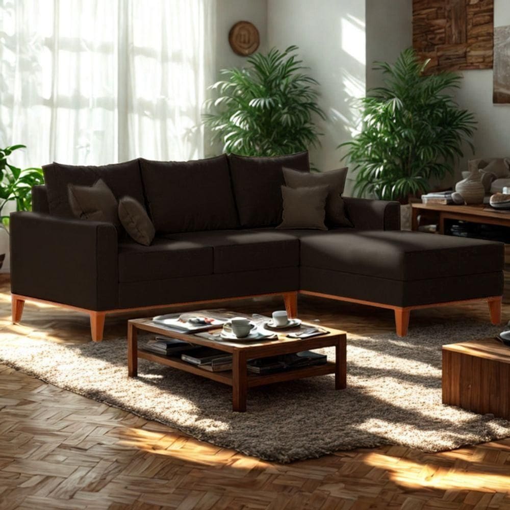 Sofá 3 Lugares Beny Com Chaise Direito Corino Marrom