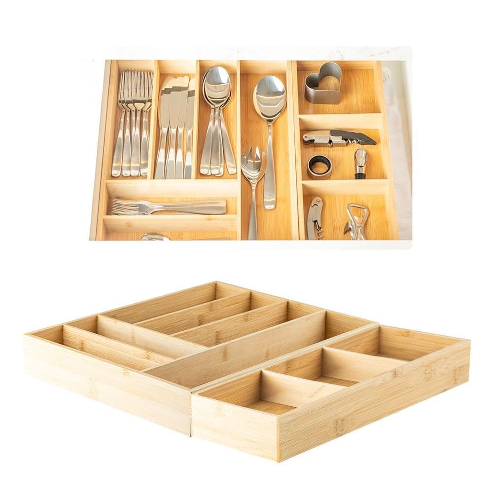 Kit Organizador De Talher Gaveta Armário Bambu 2 Peças