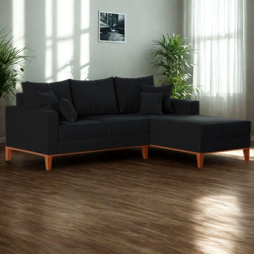 Sofá 3 Lugares Beny Com Chaise Direito Linho Preto