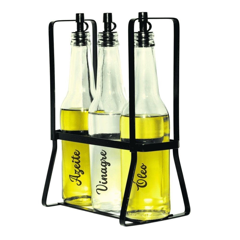 Conjunto Galheteiro De Vidro 370Ml 3Pçs Suporte E Adesivo