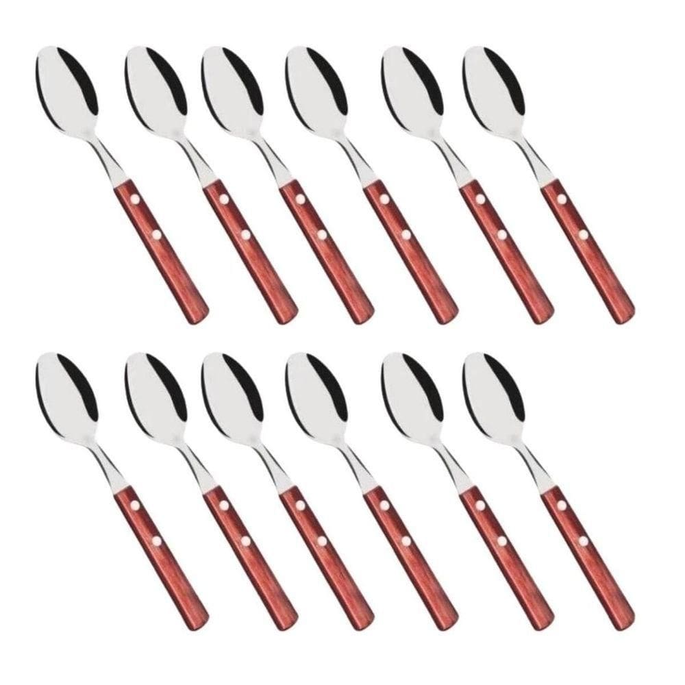 Kit 12 Colheres De Mesa Com Cabo De Madeira