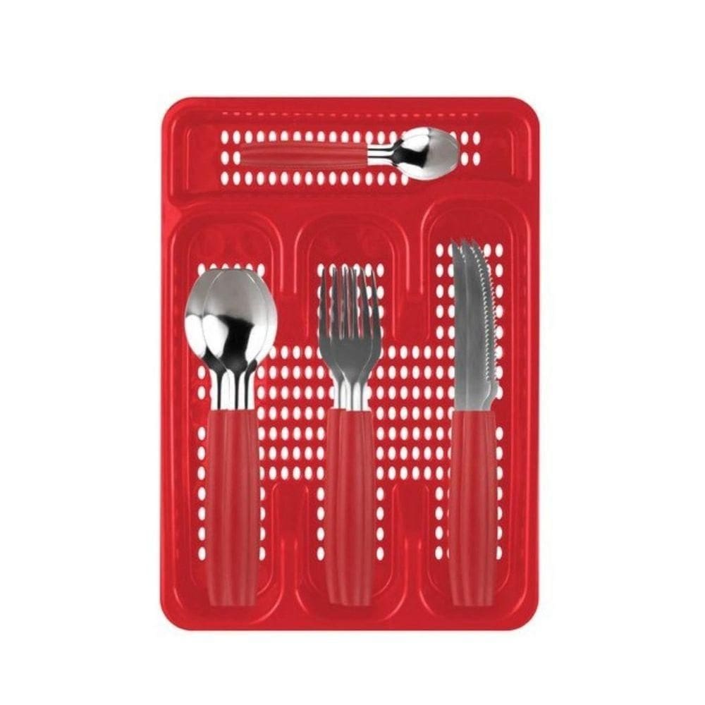 Conjunto 17 Peças Faqueiro Com Porta Talher Vermelha