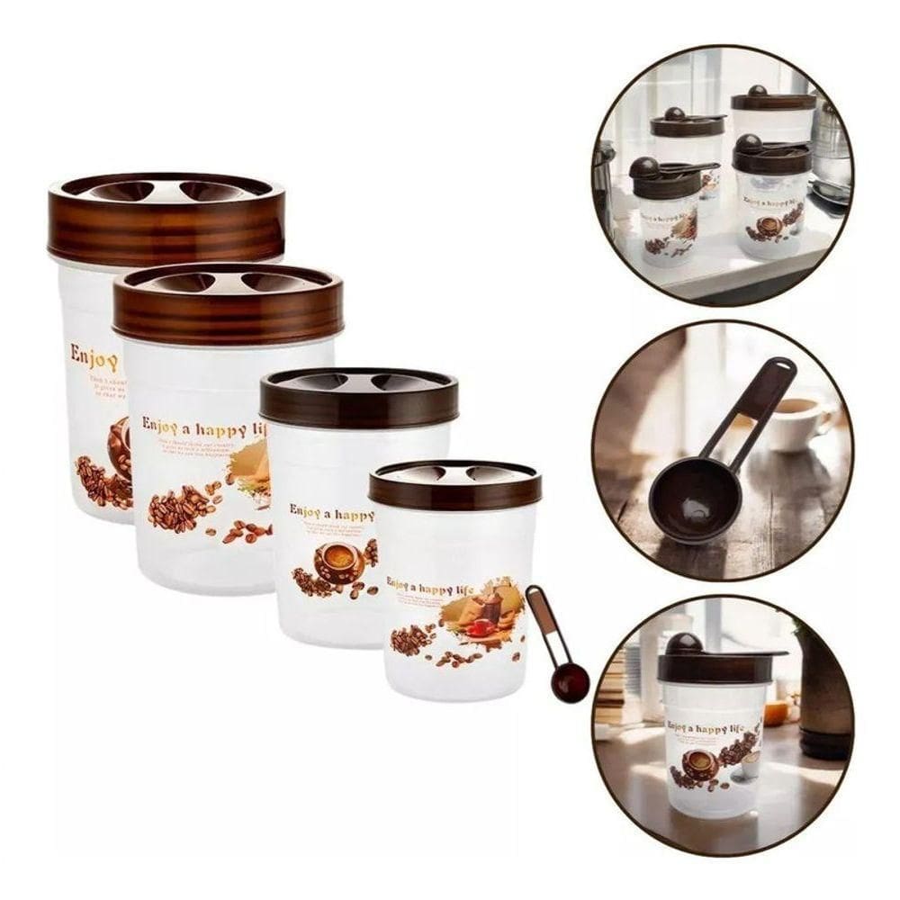 Conjunto Potes Plásticos Tampa Rosca 4 Peças Colher Medidor