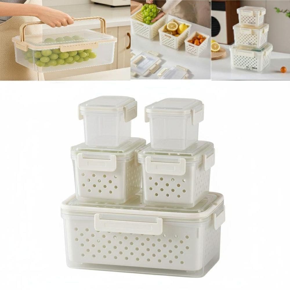 Kit 5 Potes Hermeticos Organizador Geladeira Escorredor Interno Marmita Fitness Plastico Tampa Trava Legumes Frutas Verd