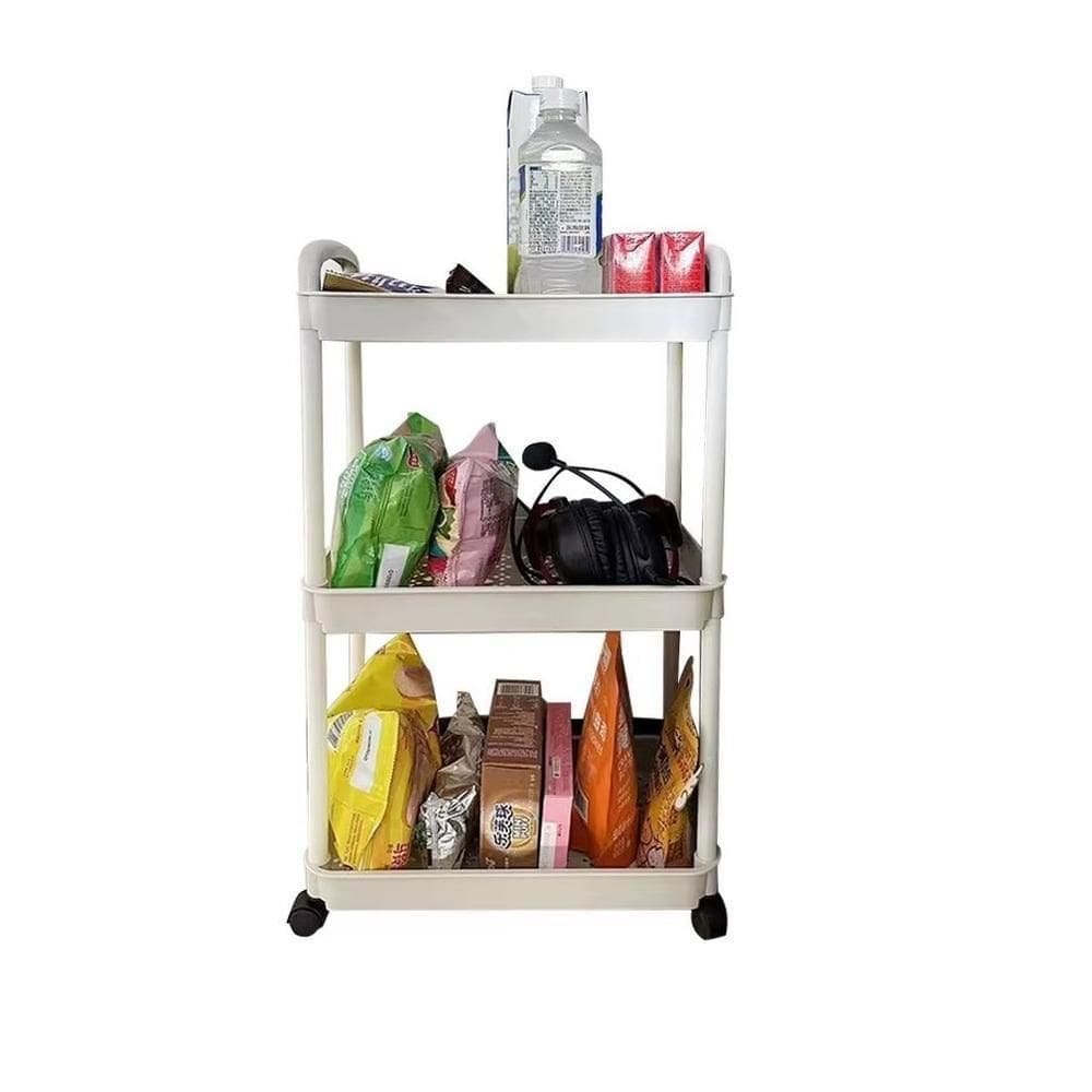 Carrinho Organizador 3 Prateleiras Multiuso Auxiliar Papelaria Cozinha Banheiro Escritorio Gancho Rodinhas Branco