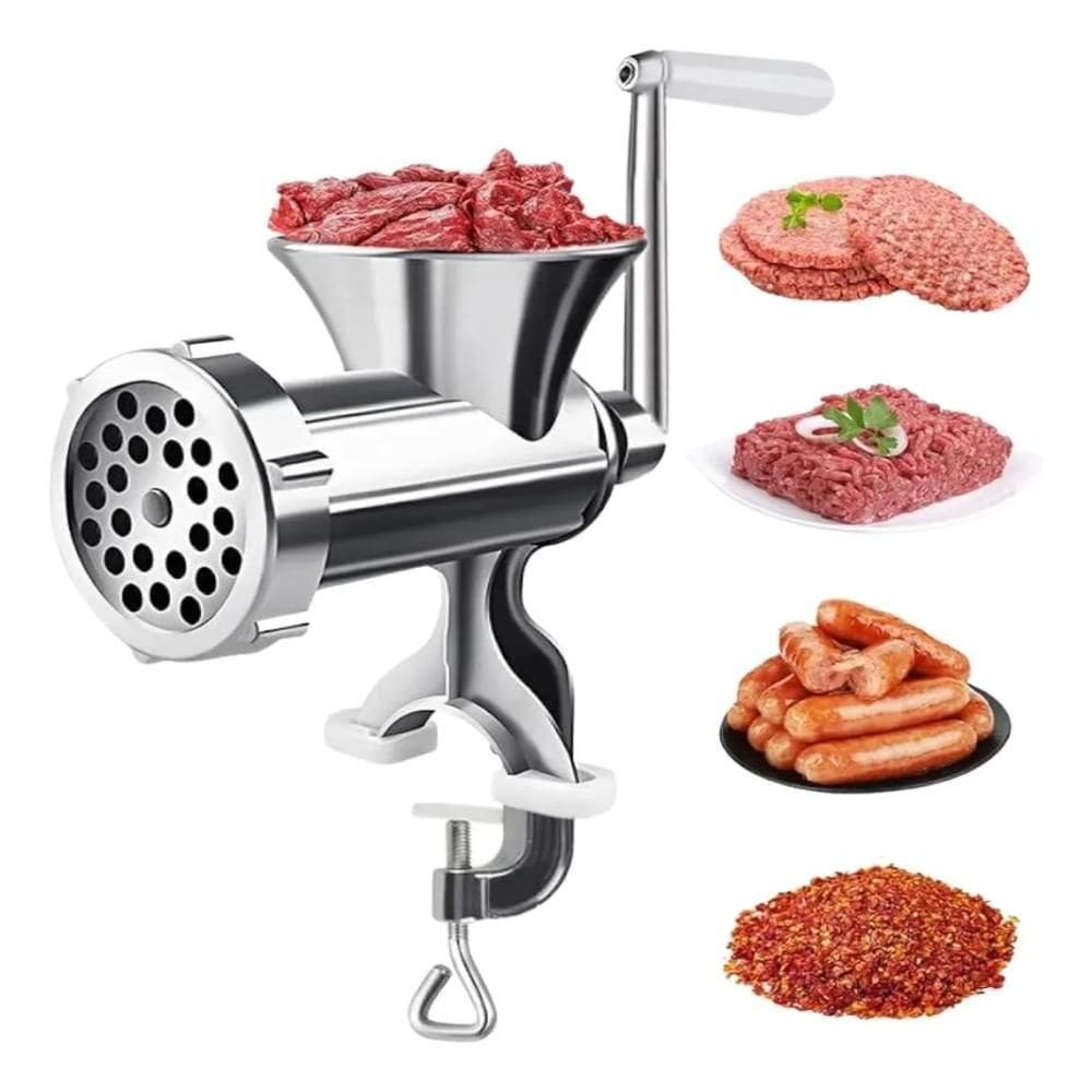 Maquina Moer Carne Moedor Faz Linguica Funil Profissional Hamburguer Kit Completo 3 Acessorios Aluminio Manual Embutidos