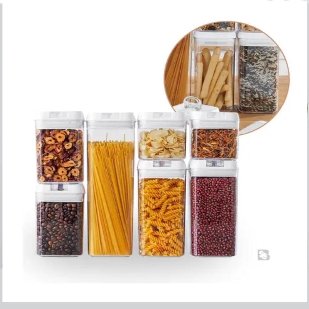 Kit 7 Potes Hermetico Completo 35 Adesivos Conjunto Cozinha Acrilico Alimentos Organizacao Cozinha Freezer