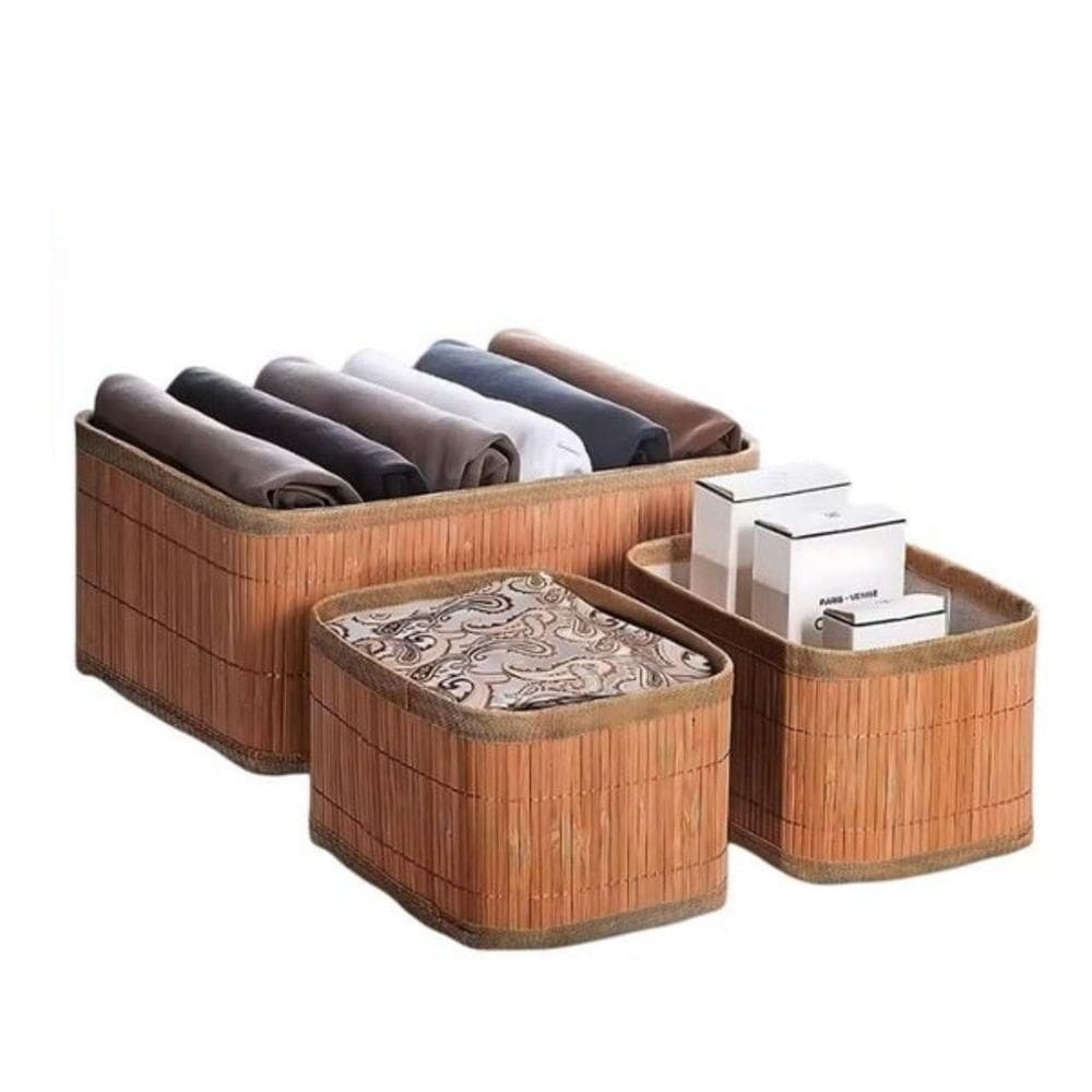 Conjunto 3 Cesto Organizador Em Bambu Multiuso Com Forro