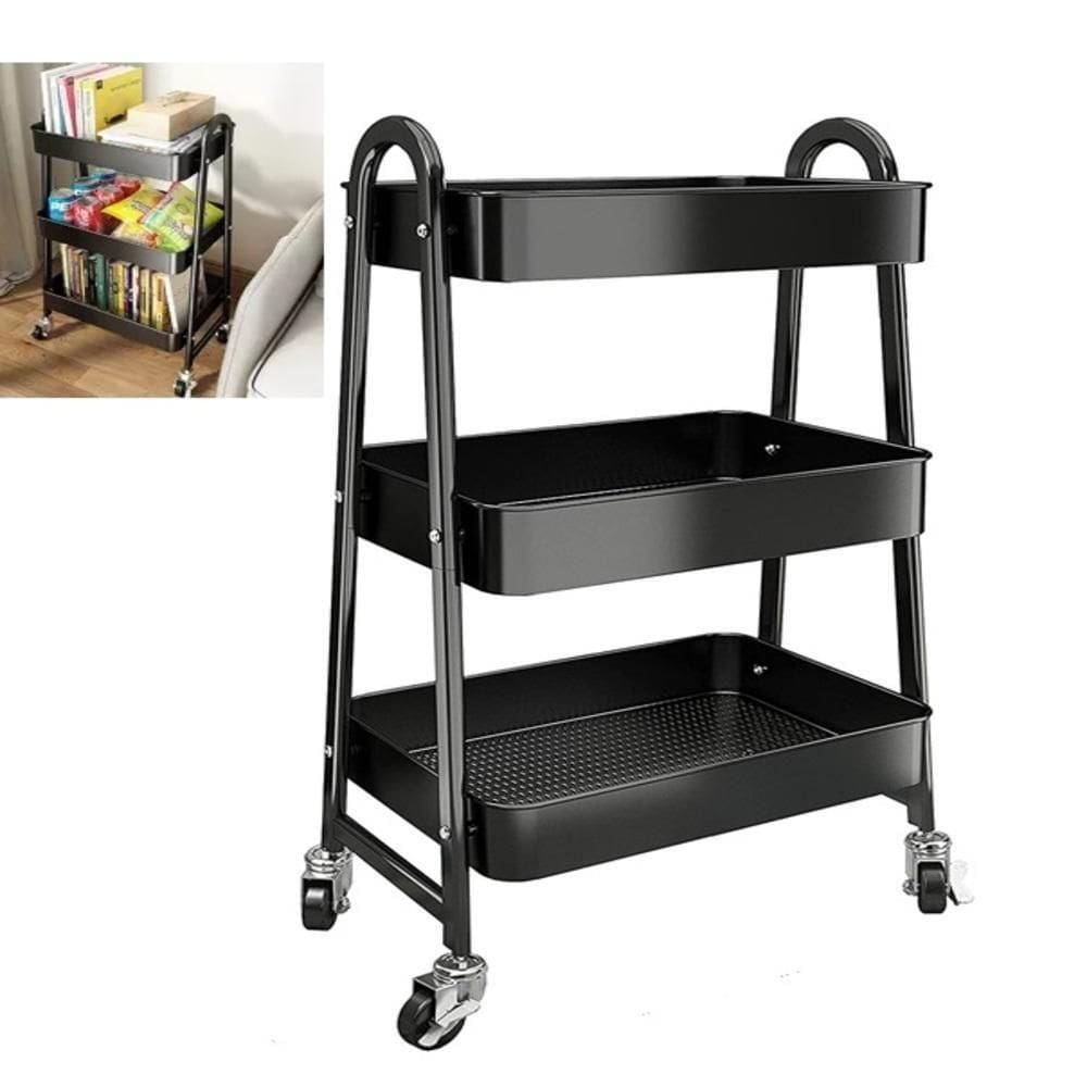 Carrinho Multiuso Organizador Brinquedos Sala Cozinha Manicure 3 Prateleiras Auxiliar Em Aço Preto