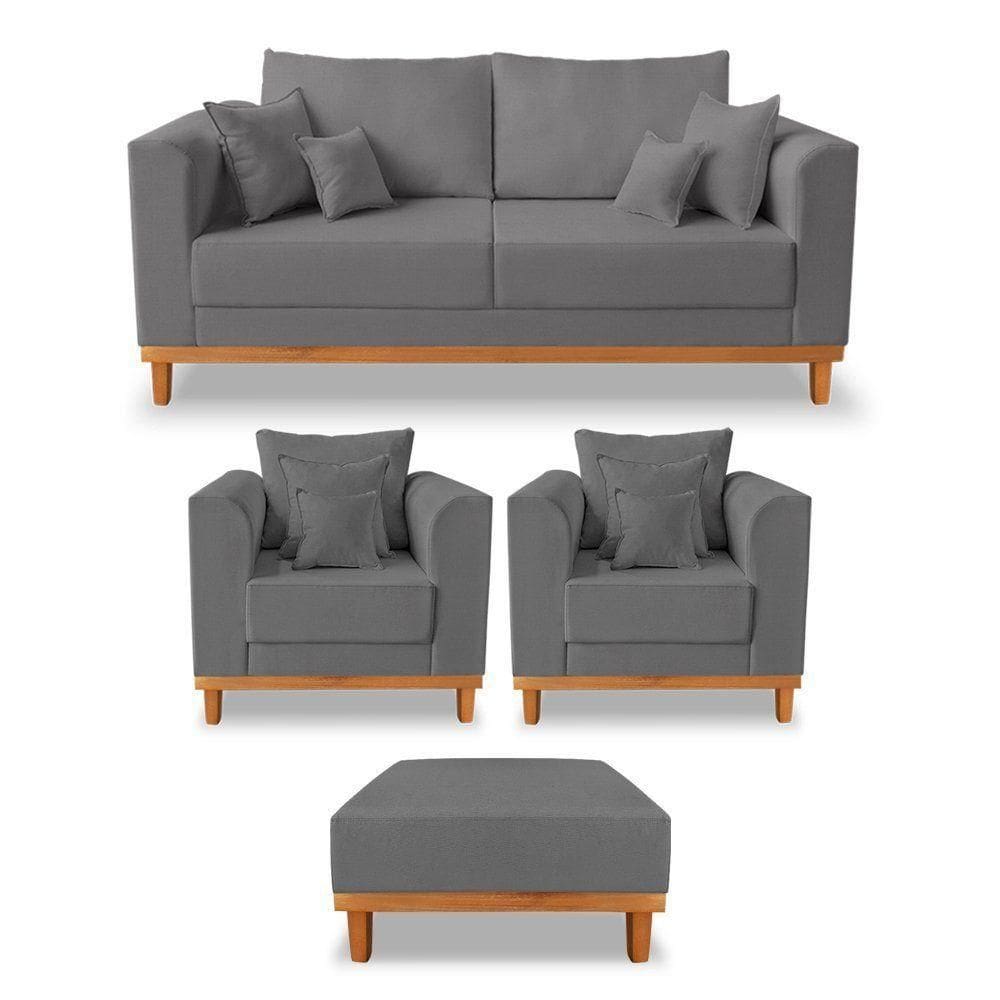 Kit Sofá 3 Lugares E 2 Poltronas Beny + Puff Isa Linho Grafite